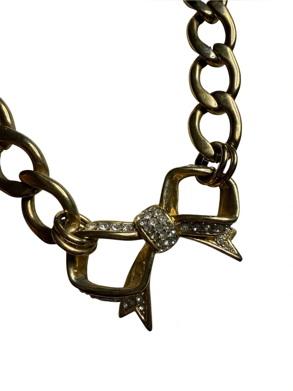 Vintage Juicy Couture Chunky Gold Link Crystal Bow Statement Necklace Signed - Picture 5 of 7
